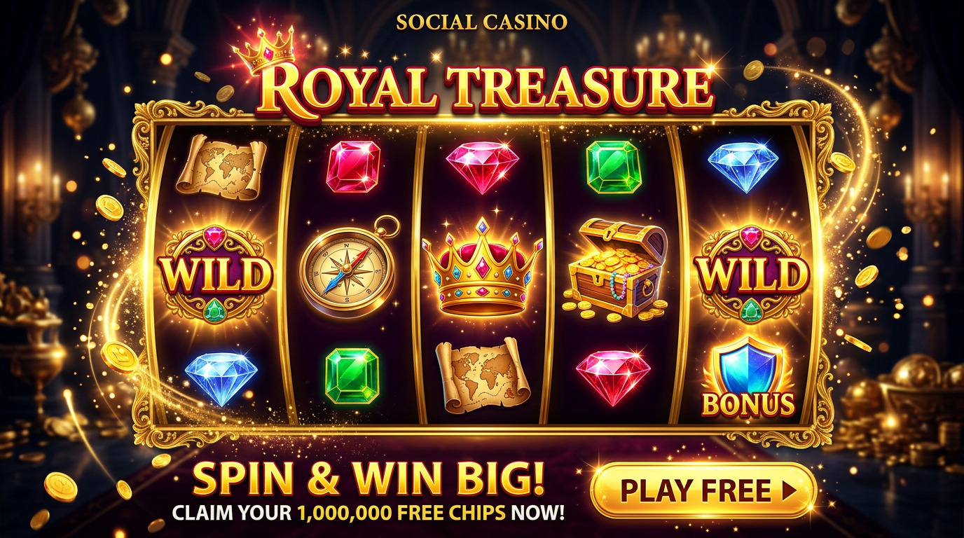 Golden Summit social casino slot game showing golden reels with treasure symbols and adventure theme