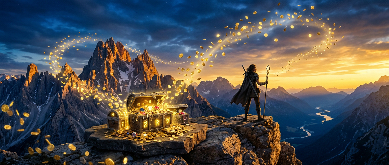 Mystical golden mountain summit with treasure chests and floating golden coins for the NexRushQuest social casino adventure
