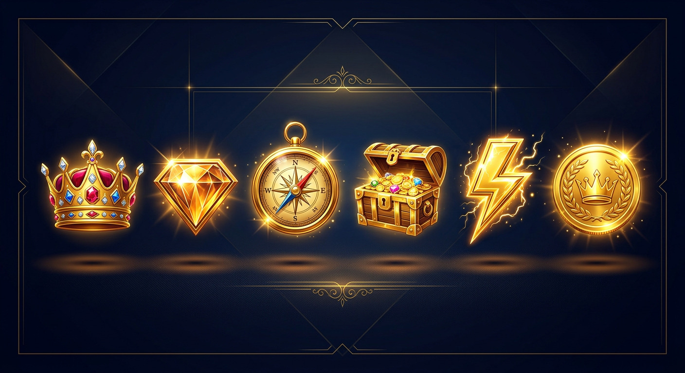 Collection of golden slot game symbols including crown, gem, compass, treasure chest, lightning bolt, and golden coin on a dark background